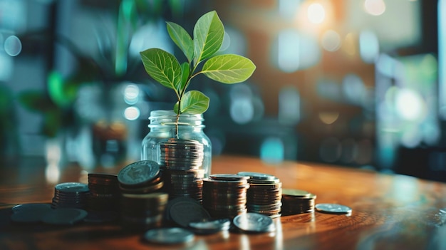 Plant growing out of coins in a jar on a table symbolizing investment growth