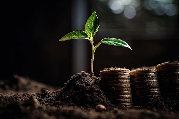 A plant growing out of coins in a pile