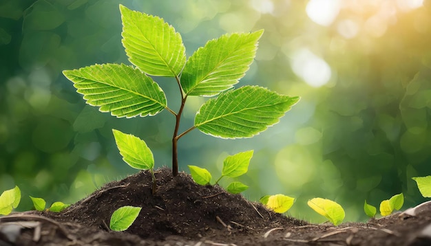 Plant growing out of a dirt mound with the sun behind it