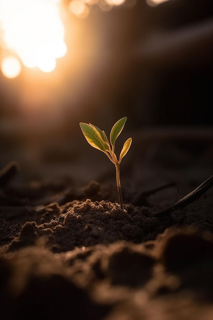 A plant growing in the sand with a light behind it