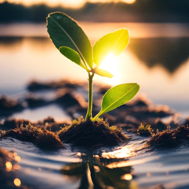 A plant growing in the sand with the sun shining on it