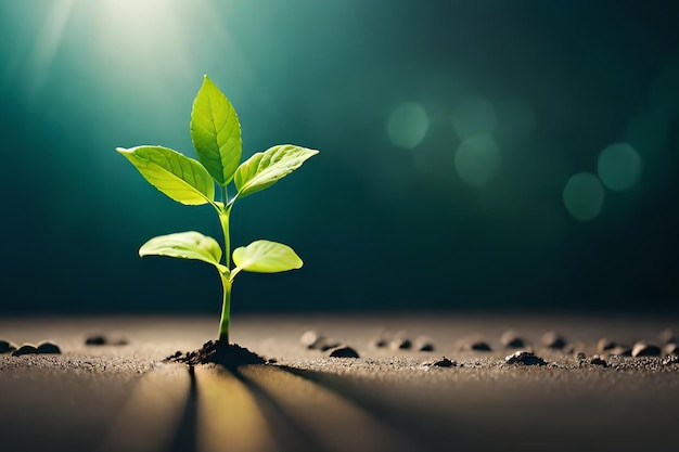 A plant growing in the sand with the sun shining on it.