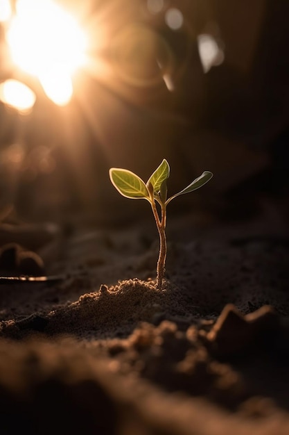 A plant growing in the sand with the sun shining behind it