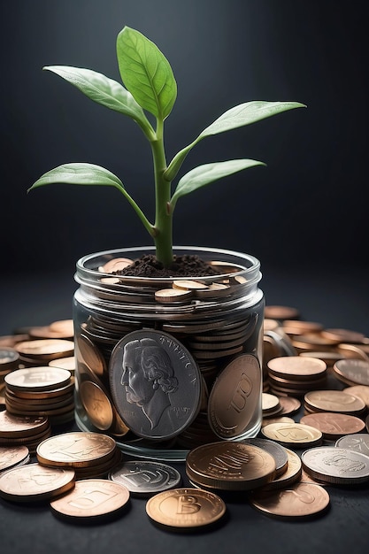 Plant Growing In Savings Coins Generative AI