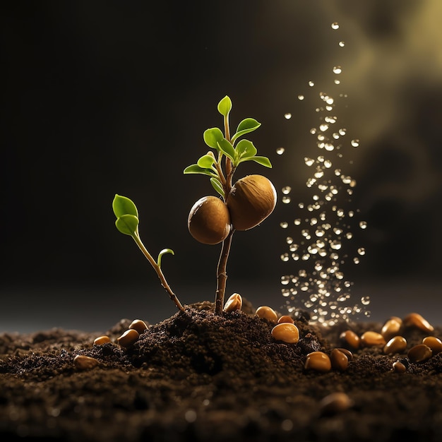 Photo a plant growing in the soil with drops of water on it