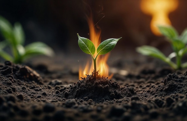 a plant growing in the soil with the fire behind it