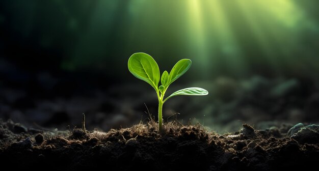 a plant growing in the soil with the sun behind it