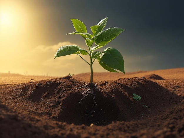 A plant growing in the soil with the sun shining on it