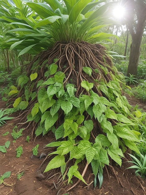 A plant growing in the soil with the sun shining on it