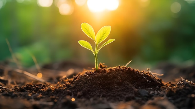 A plant growing in the soil with the sun shining on it