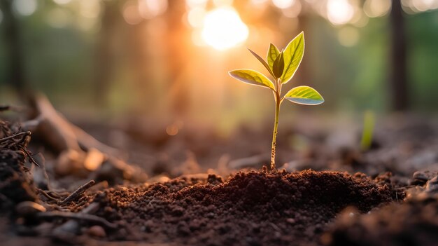 A plant growing in the soil with the sun shining on it