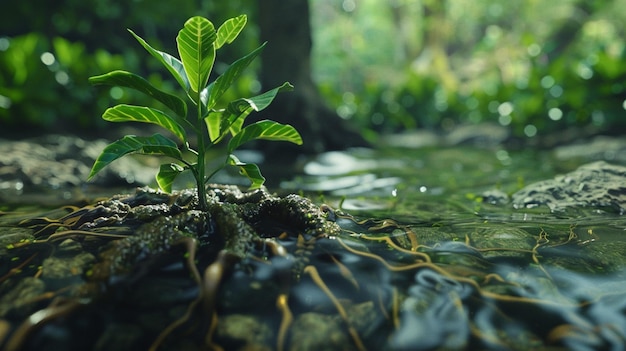 a plant growing in a swamp with water drops