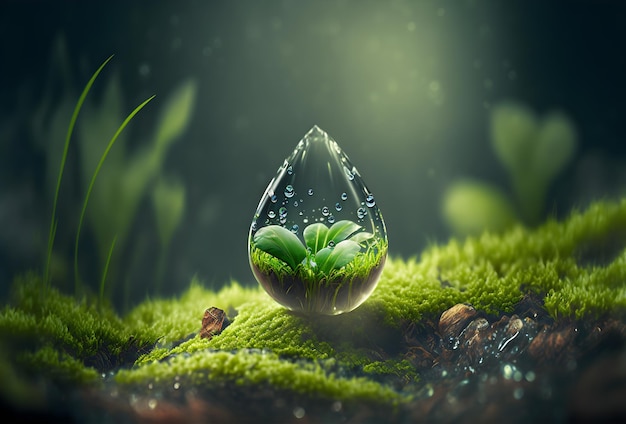 Plant growing in water drop on Grass Moss In Forest - Green Planet With Abstract Defocused