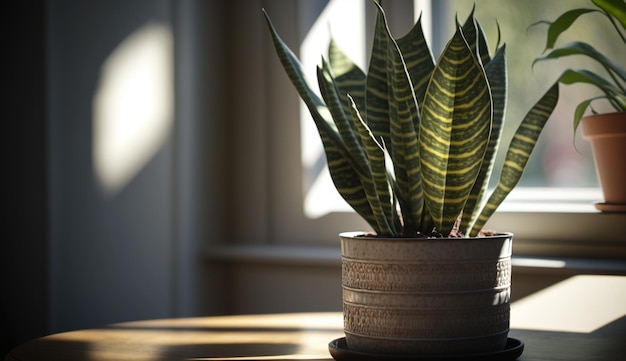 Plant growth on wooden table near window generated by AI