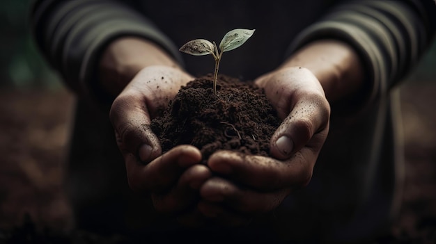 Plant in hands Ecology concept Nature background AI generated