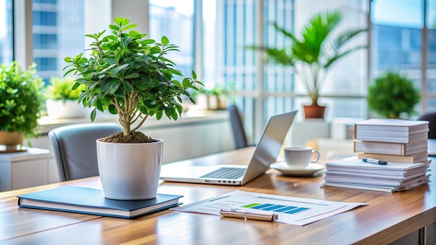 a plant is on a desk with a laptop and a pen on it