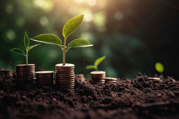 A plant is growing out of a pile of coins.