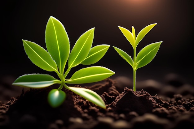 A plant is growing in the soil with the sun shining on it.