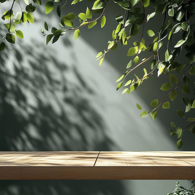 a plant is growing on a wooden shelf in a room