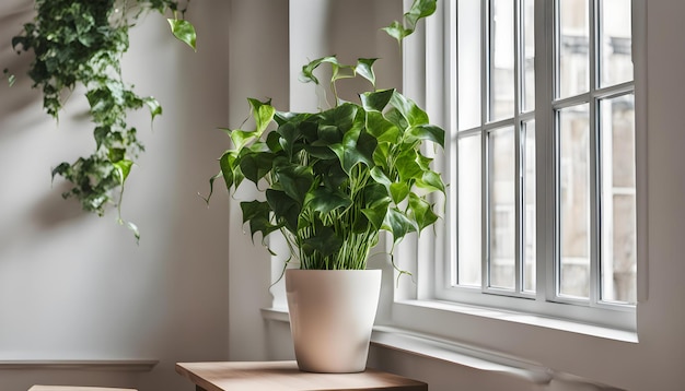 a plant is in a pot by a window