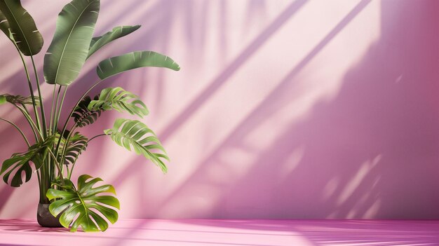 a plant is in a pot on a pink wall