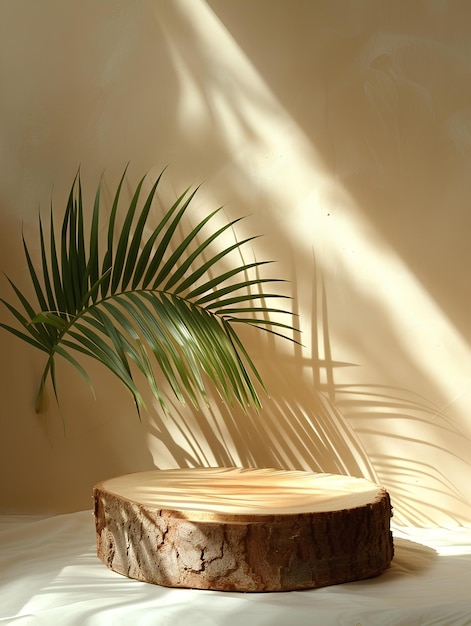 A plant is sitting on a table in the sunlight with a shadow on the wall behind it and a palm leaf