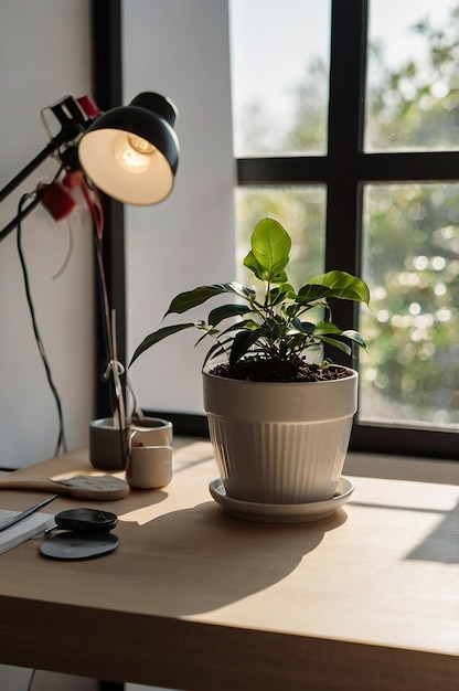 Photo a plant is on a table next to a lamp and a lamp