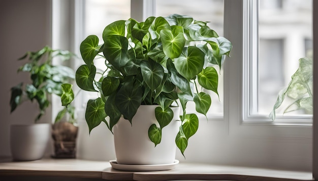 a plant is in a white pot on a window sill