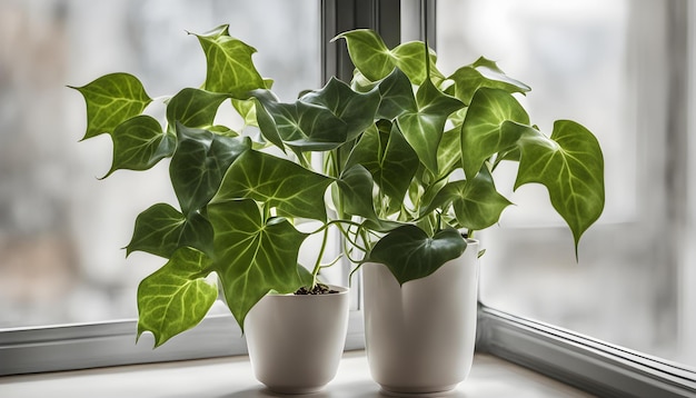 a plant is in a white pot on a window sill