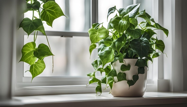 a plant is on a window sill with a plant in it