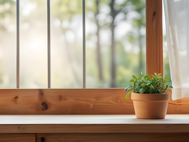 a plant is on a window sill with a window behind it