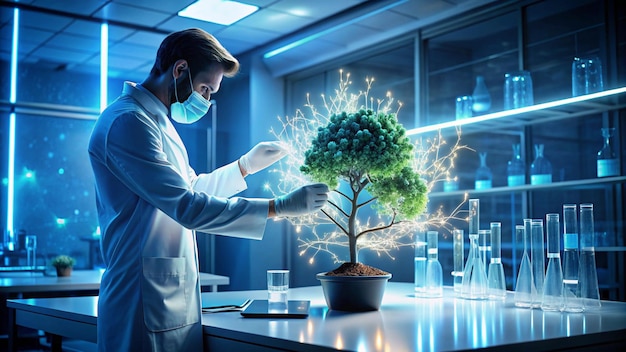 a plant in a laboratory with a man working on it