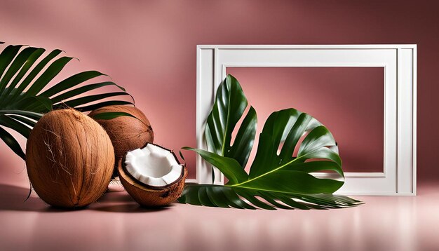 Photo plant leaves and coconuts near fresh flowers