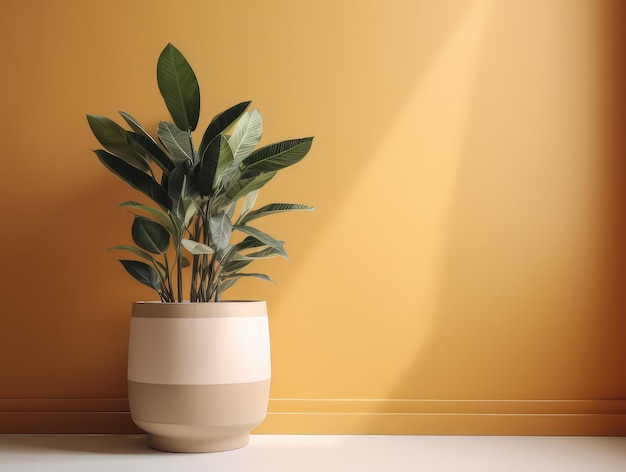 A plant in a pot is in front of a wall that has a light on it.