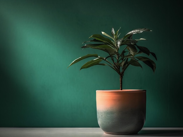 A plant in a pot is on a table in front of a green wall.