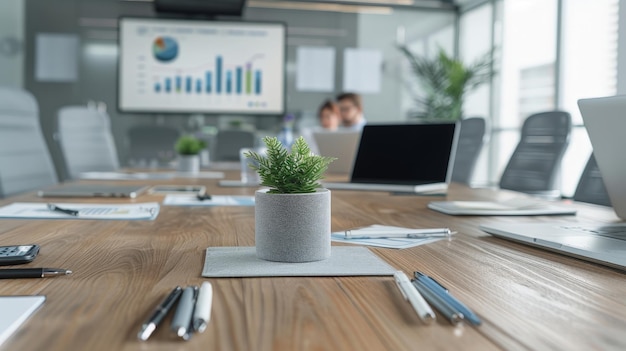 a plant in a pot is on a table in front of a laptop