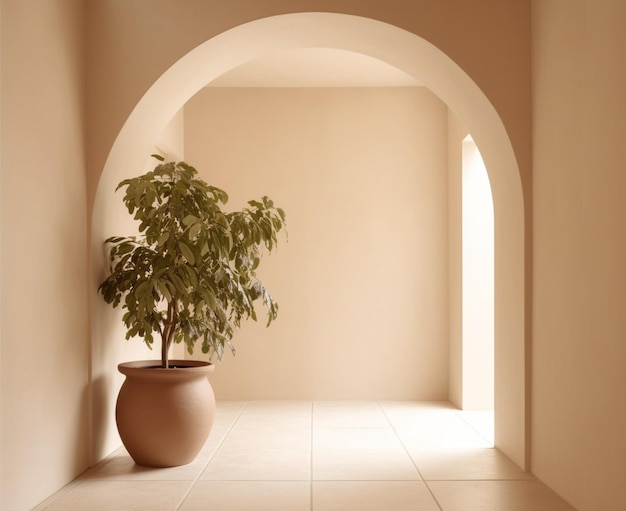 A plant in a pot in a room with a archway.