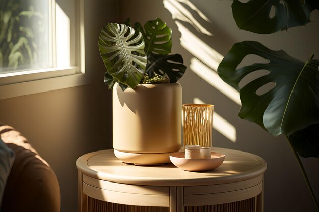 A plant pot sits on a table next to a planter that says'the plant is green '