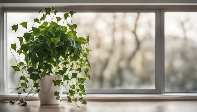 a plant in a pot sits on a windowsill