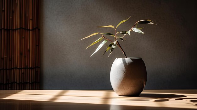 A plant in a pot on a table with the sun shining on it.