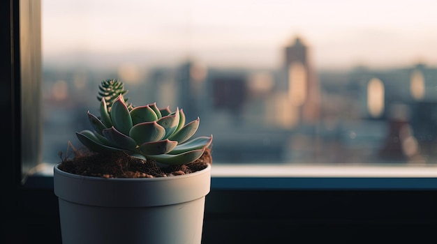 A plant in a pot with a city view in the background