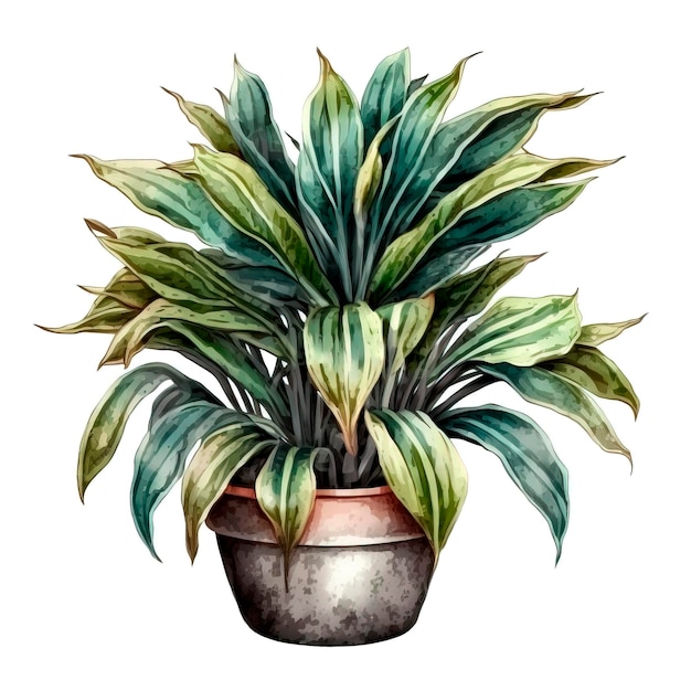 A plant in a pot with a green leaf in a watercolor style