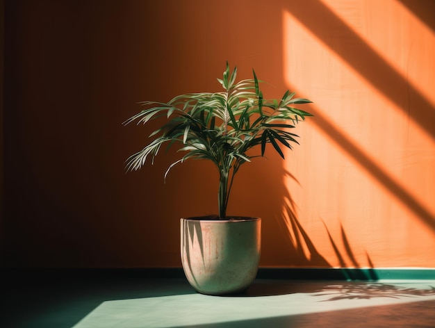 A plant in a pot with the sun shining on it