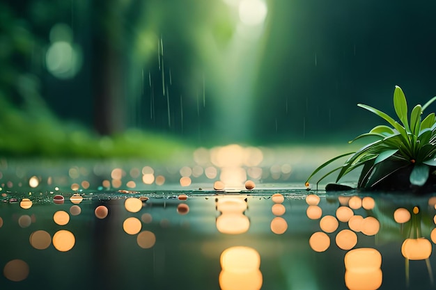 A plant in the rain with the light reflecting on it