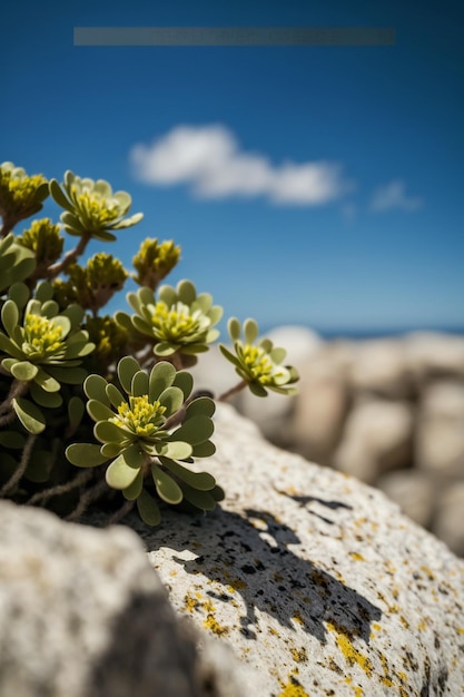 A plant on a rock with the sky in the background