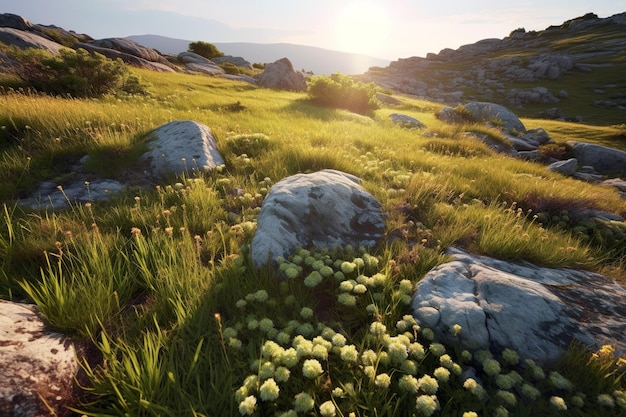 Plant among the rocks on the grassy hill