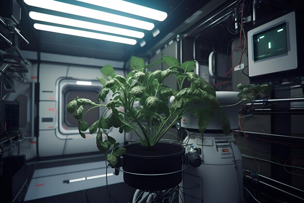 A plant in a room with a monitor on the right