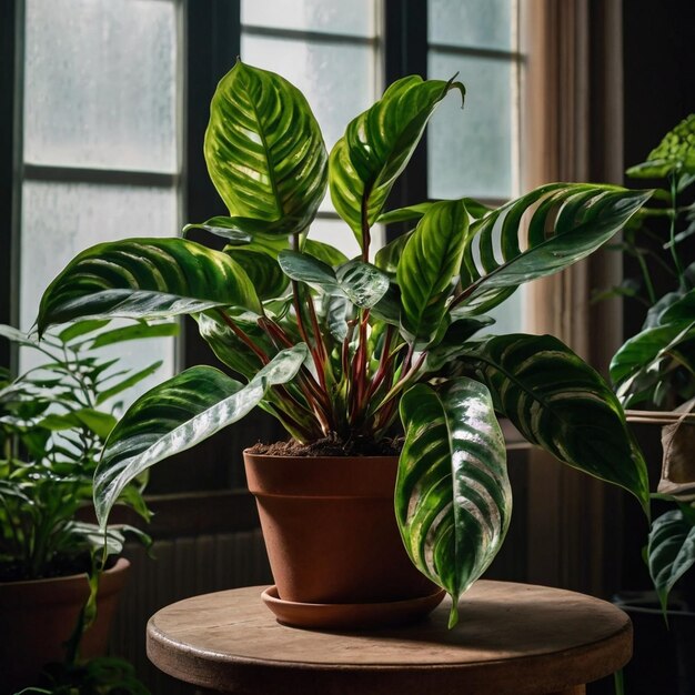 Photo a plant on a round table in a room with a window behind it