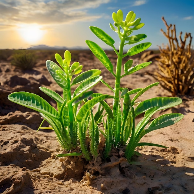 Photo a plant in the sand with a blue sky in the background