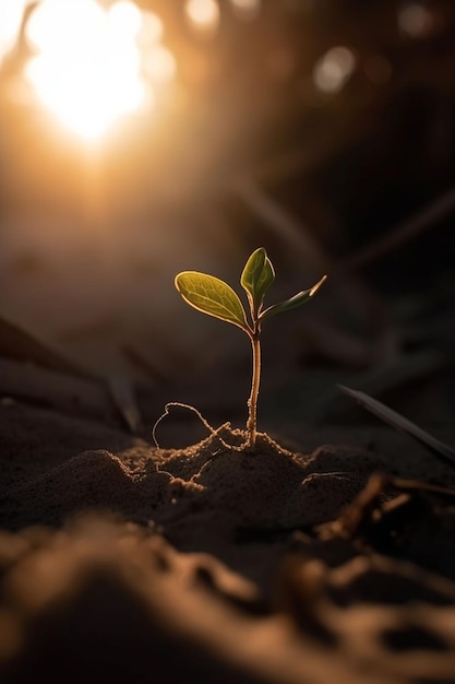 A plant in the sand with the sun shining on it